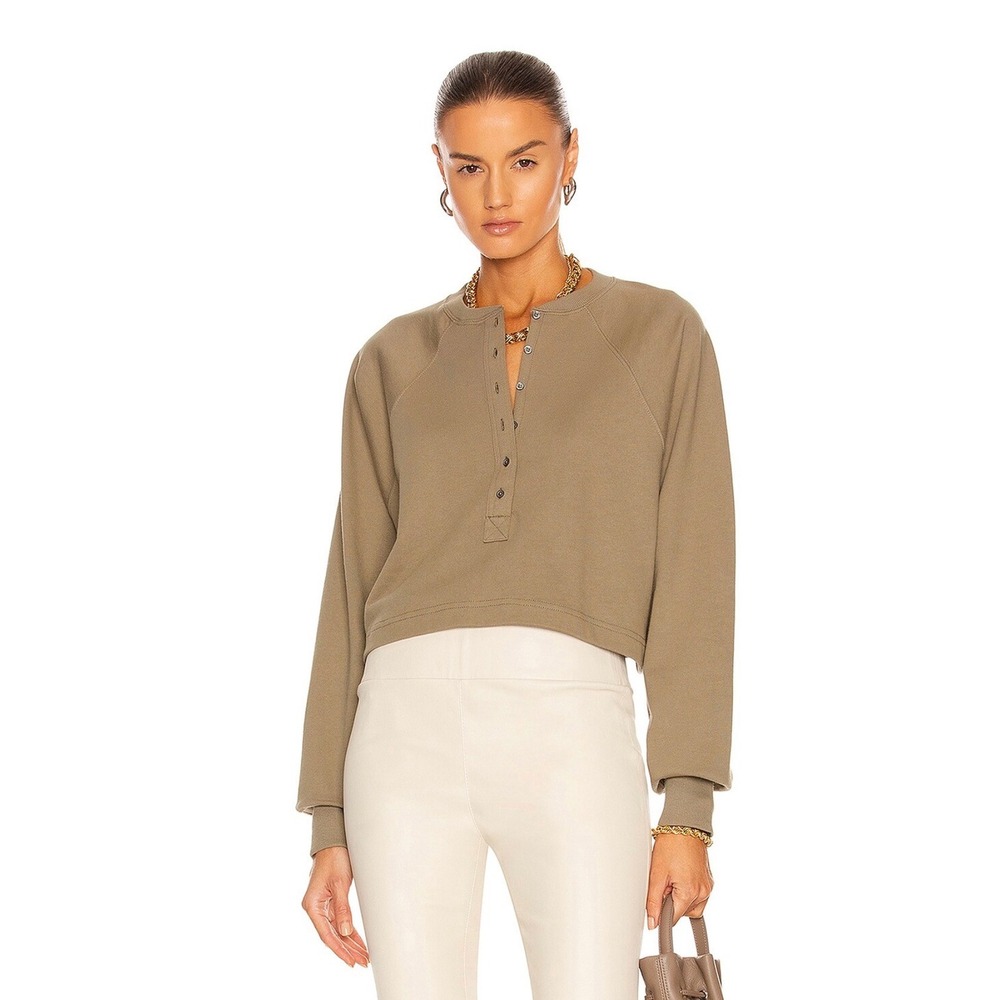 Marissa Webb Olive Green Cropped Henley Sweatshirt Cotton French Terry S